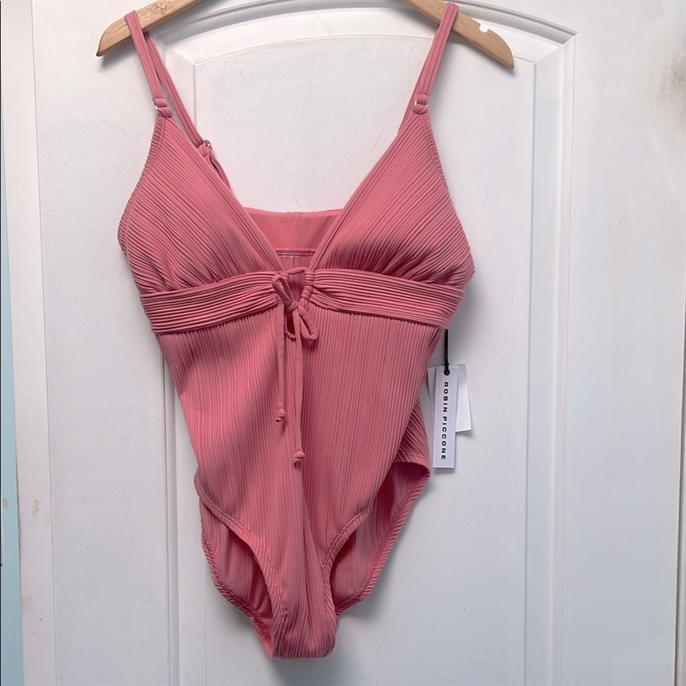 Robin Piccone Pink Ribbed One-Piece Swimsuit sz 14 NWT